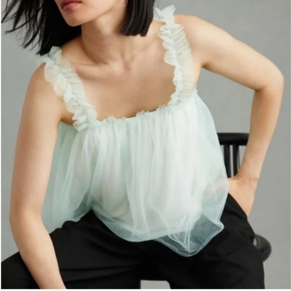 Anthropologie Sunday In Brooklyn Mint Green Nylon Ruffle Tank Top Size Medium